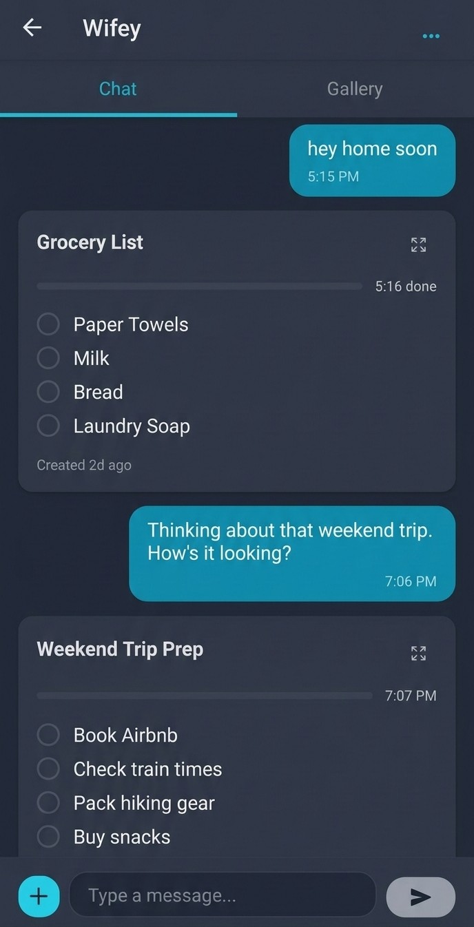 Alvo app showing a chat with inline grocery list and trip planning checklist